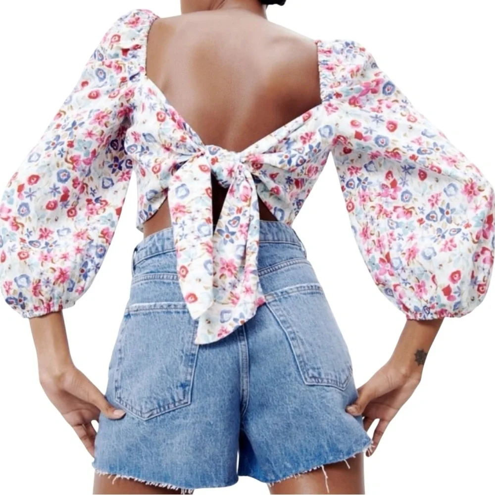 Zara Floral Linen Blend Tie Back Puff Sleeve Crop Blouse